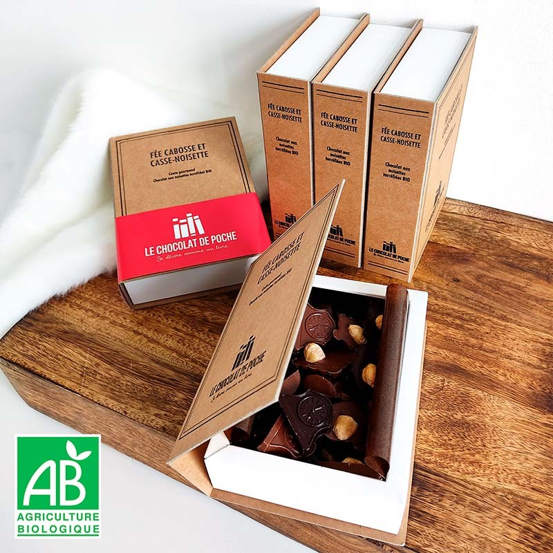 Boite-livre chocolat noisettes BIO 170 g, Féee cabosse et Casse Noisette