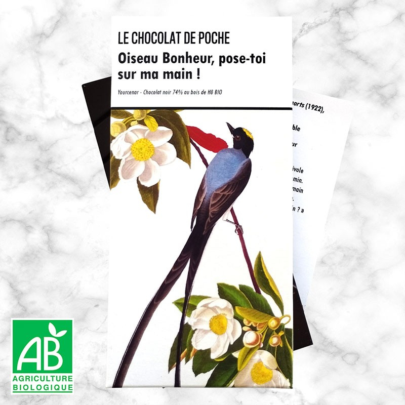 Le Chocolat de Poche 80 g - Noir 74 % bois de  Hô BIO - Oiseau bonheur, pose-toi sur ma main !pose