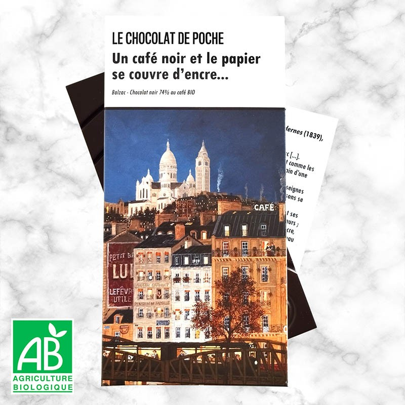 Le Chocolat de Poche 80 g - Noir 74 % au café - Un café noir et le papier se couvre d’encre…