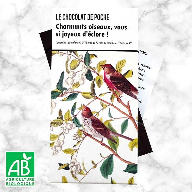 Le Chocolat de Poche 80 g - Noir 74 % orné  flocons de menthe et d’hibiscus - Charmants oiseaux…